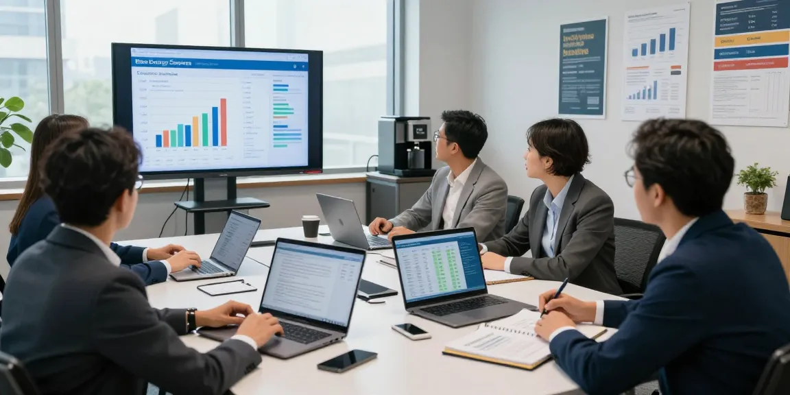 Team analyzing market data on big six energy suppliers in a modern office