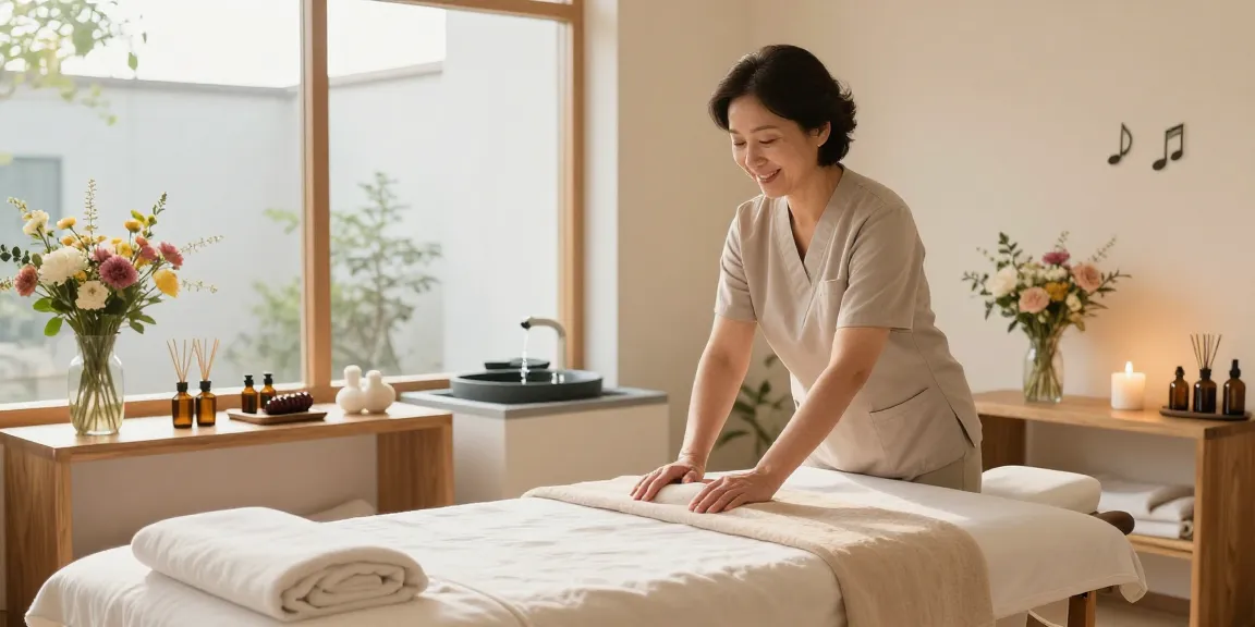 Relaxing wellness studio prepared for 안양출장마사지 session with soothing atmosphere and essential oils.