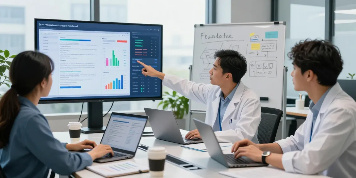 Team collaborating on document fraud detection software metrics in a modern office