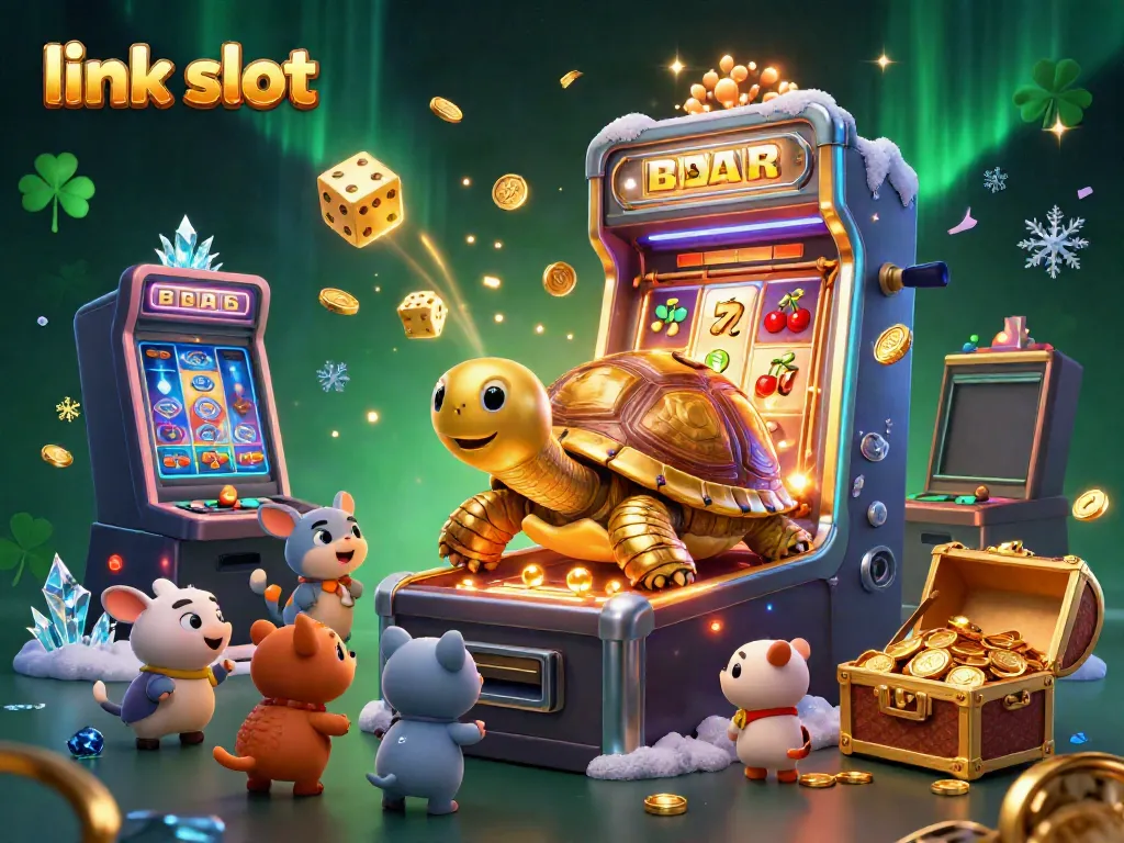 Menangkan jackpot dengan link slot di mesin slot yang meriah penuh koin dan simbol fiksi.