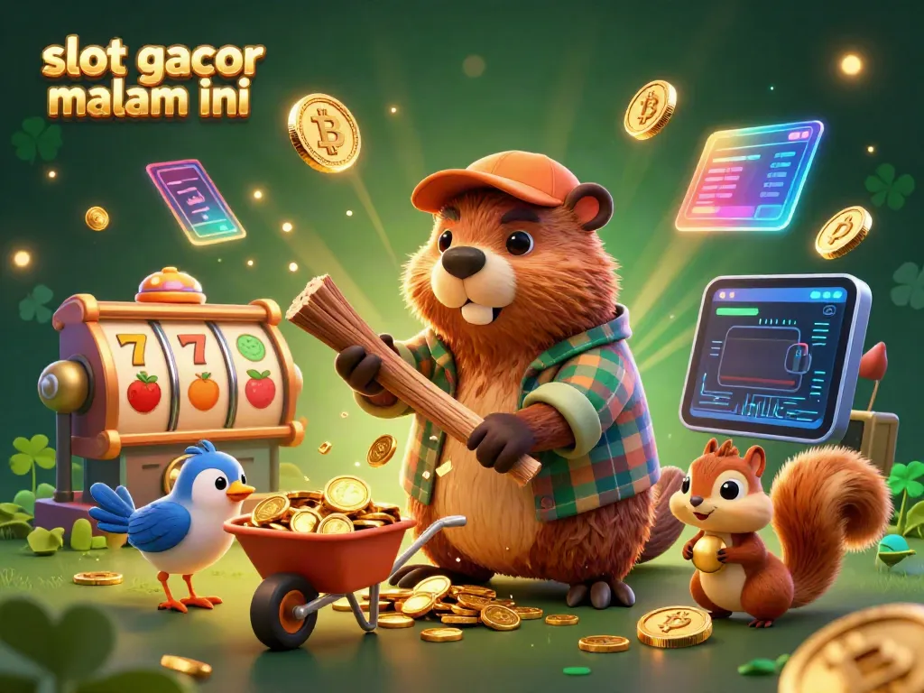 Engage in slot gacor malam ini with a winning illustration featuring a beaver, bird, and squirrel amidst spinning slot reels.