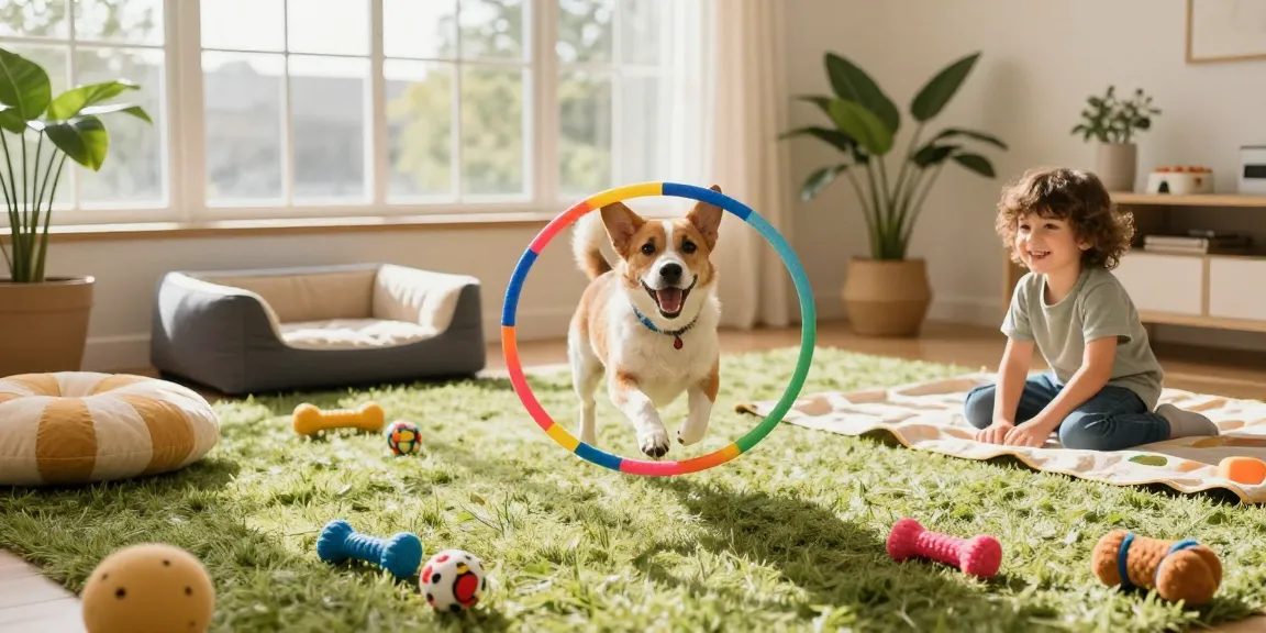 Playful dog in a vibrant home with NAGA2000 toys and a happy child.