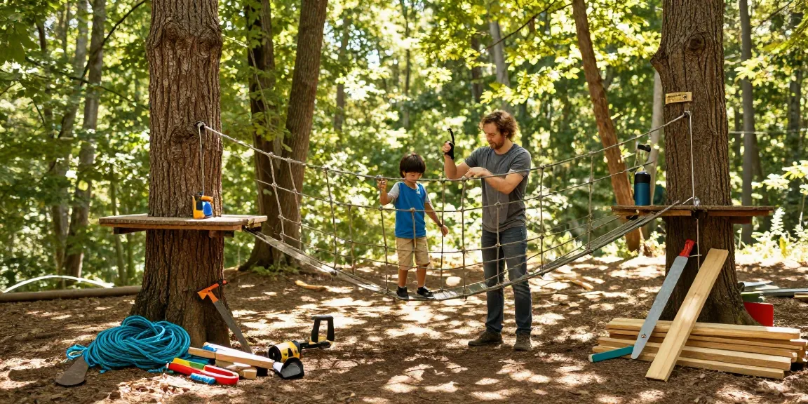 Rope Bridge design construction with child and parent in a forest setting, showcasing tools, ropes, and family bonding.