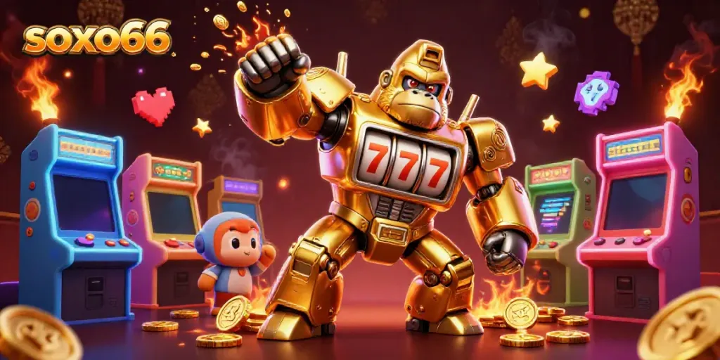Experience excitement with soxo66 as a golden mech gorilla bursts coins and slot machine reels in a vibrant 3D casino.