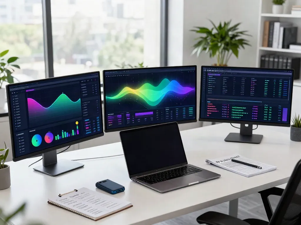 Dynamic trading workspace showcasing global stock market API data on multiple monitors, highlighting cryptocurrency trading and DeFi analysis.