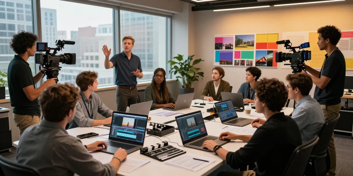 Team engaging in Corporate Video Production in a modern studio, showcasing creativity and collaboration.