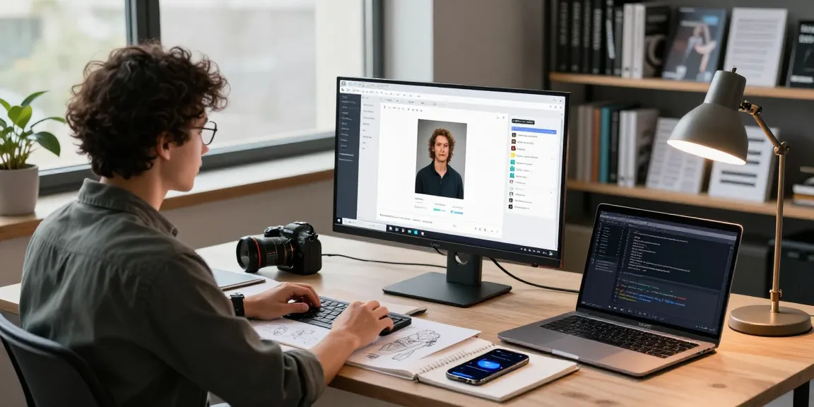 User analyzing results with the AI image checker tool in a professional tech workspace, showcasing modern equipment and a sleek design.