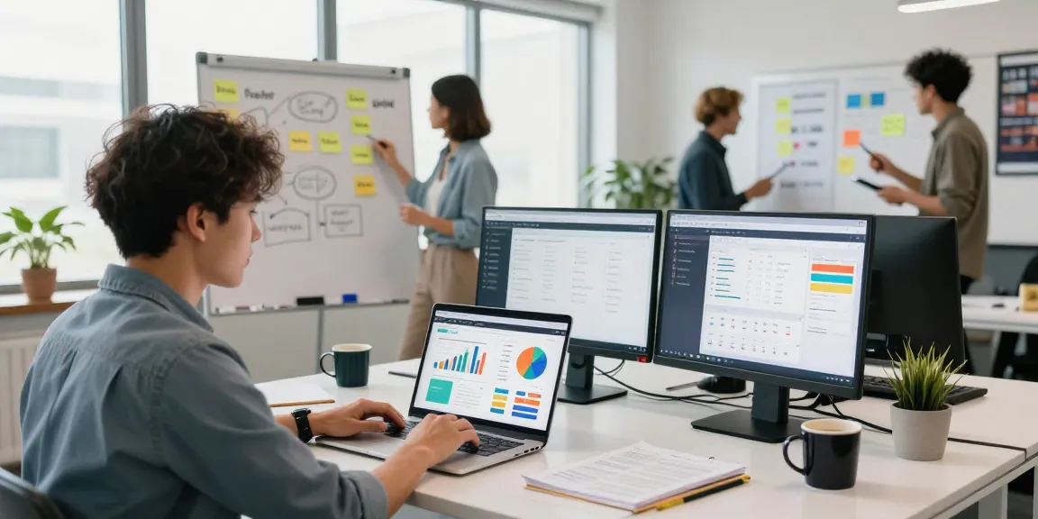 Marketing professional analyzing data to visit website insights in a collaborative office.