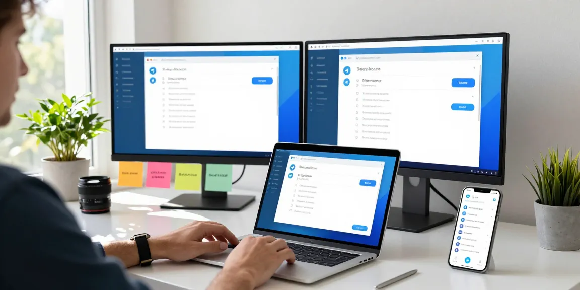 Exploring telegram chinese settings on a laptop surrounded by tech tools and vibrant workspace elements.