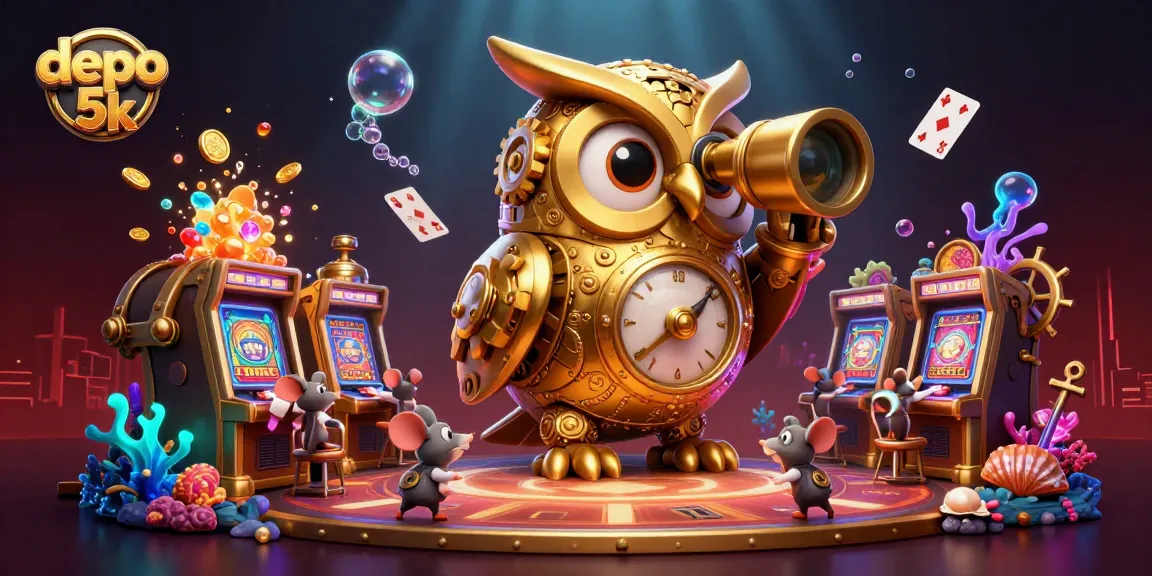 Experience the excitement with depo 5k as a massive clockwork owl surveys a vibrant casino scene.