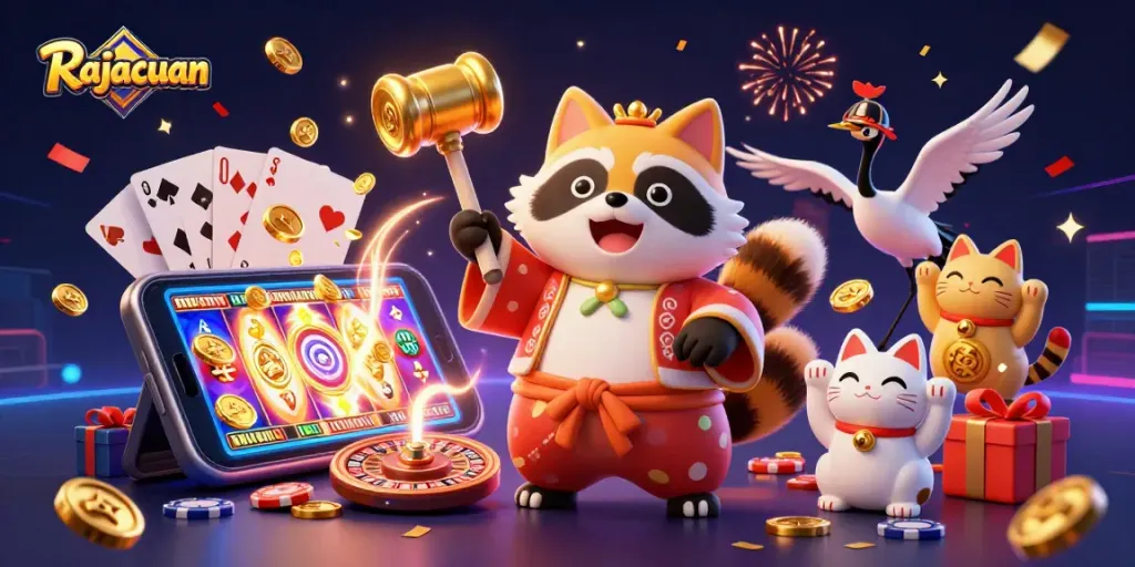 Join Rajacuan for thrilling slots as cheerful tanuki holds a lucky mallet surrounded by festive elements.