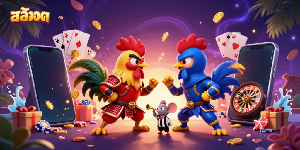 Engage with thrilling สล็อต gameplay as twin roosters battle, illustrated in vibrant detail and energy.