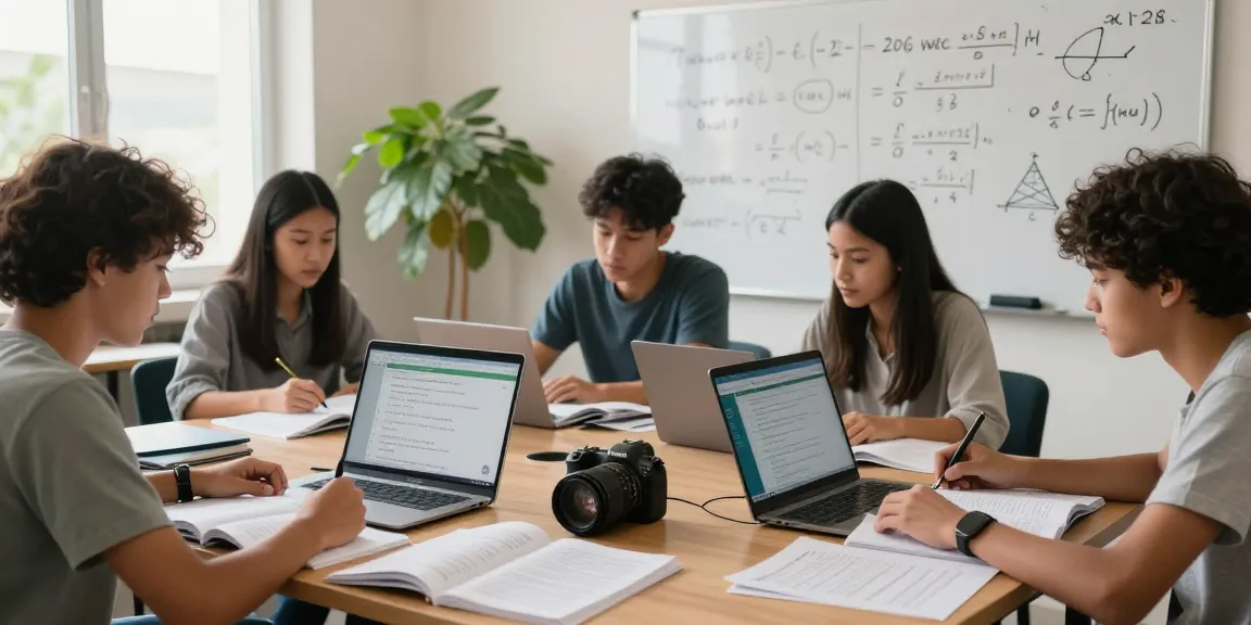 Students collaborating in a library for 2026 waec expo exam preparation, surrounded by textbooks and laptops.