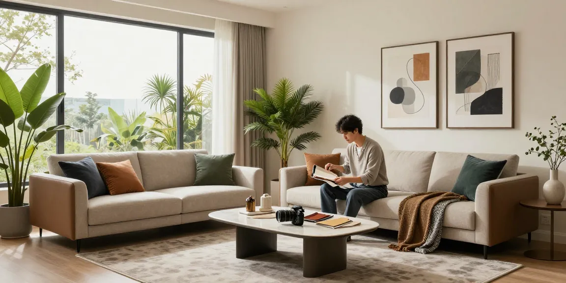 Modern living room with stylish decor, showcasing รับตกแต่งภายใน for contemporary homes. A designer reviews color palettes in a bright, inviting atmosphere.