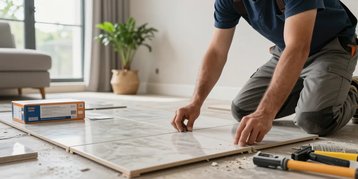 Expertly installing interlock tiles in a modern living room with natural light.