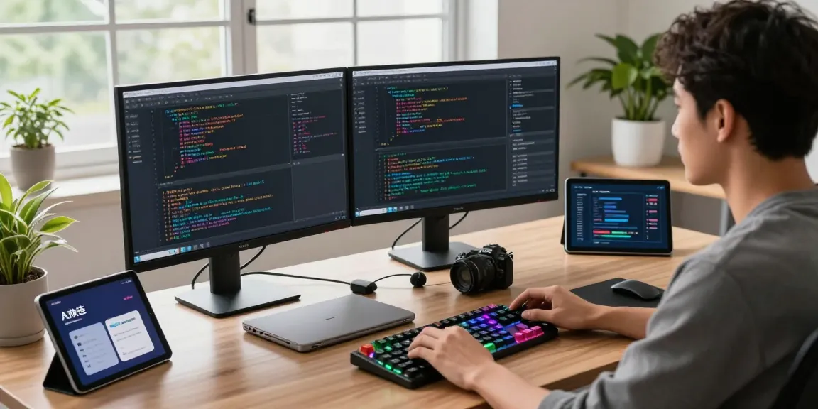 快连 app shown on a developer's workstation with modern tech gadgets and dual screens highlighting network metrics.