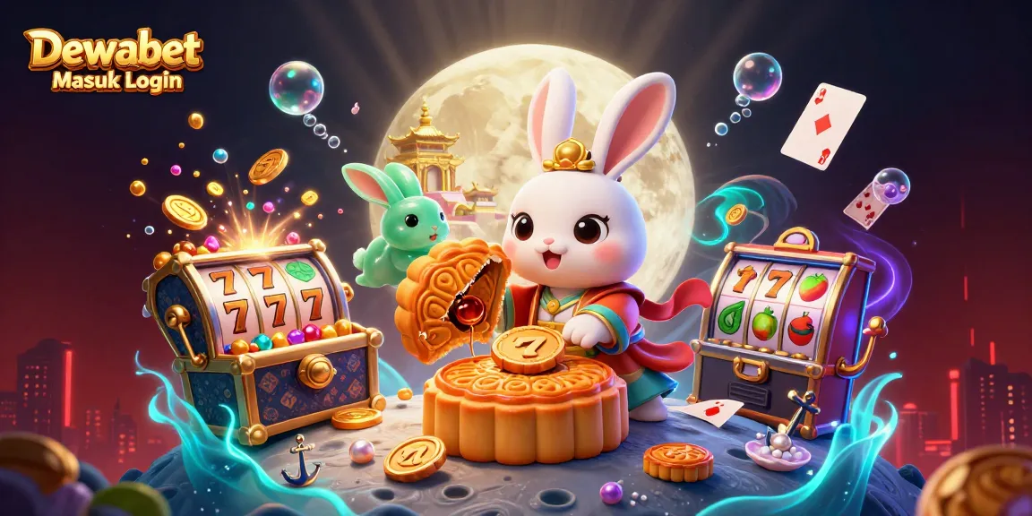 Dewabet Masuk Login showcases a playful moon rabbit celebrating with poker chips and slot reels amidst a vibrant celestial scene.