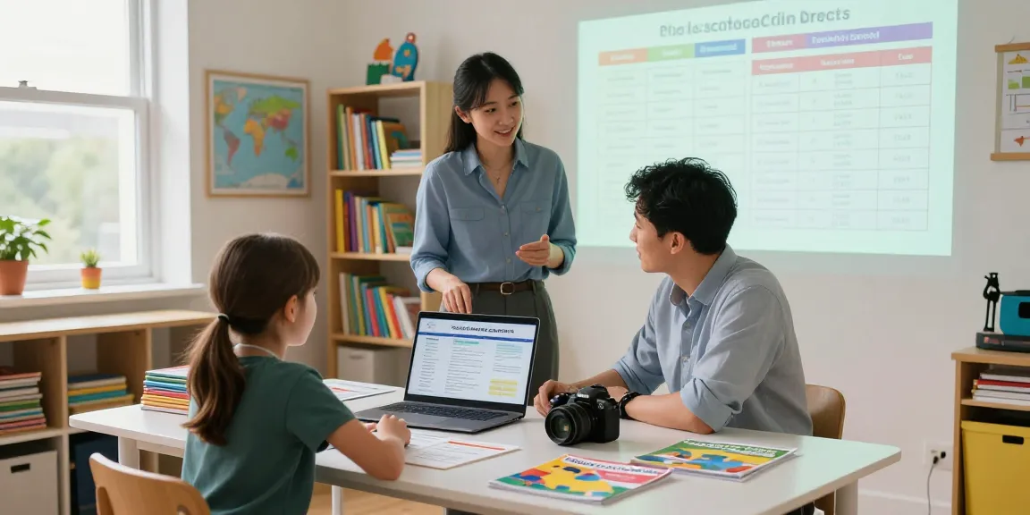 Parent and child exploring British schools options at a study table, showcasing educational materials and guidance.