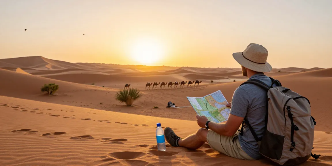 Traveler enjoying a scenic slot at a desert oasis during sunset