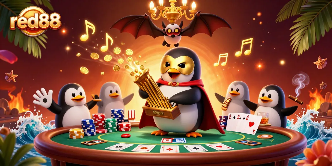 Experience the thrill of red88 with a dynamic casino scene featuring poker action and a phantom character.