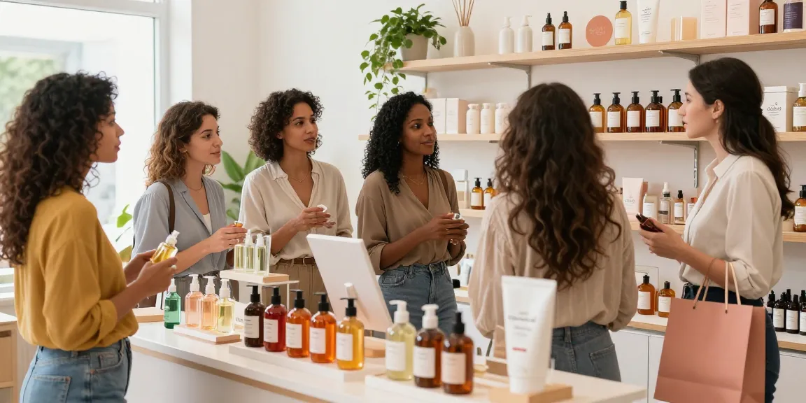 Women engaging in beauty shopping for خمرية مسك with vibrant products displayed in a modern store.