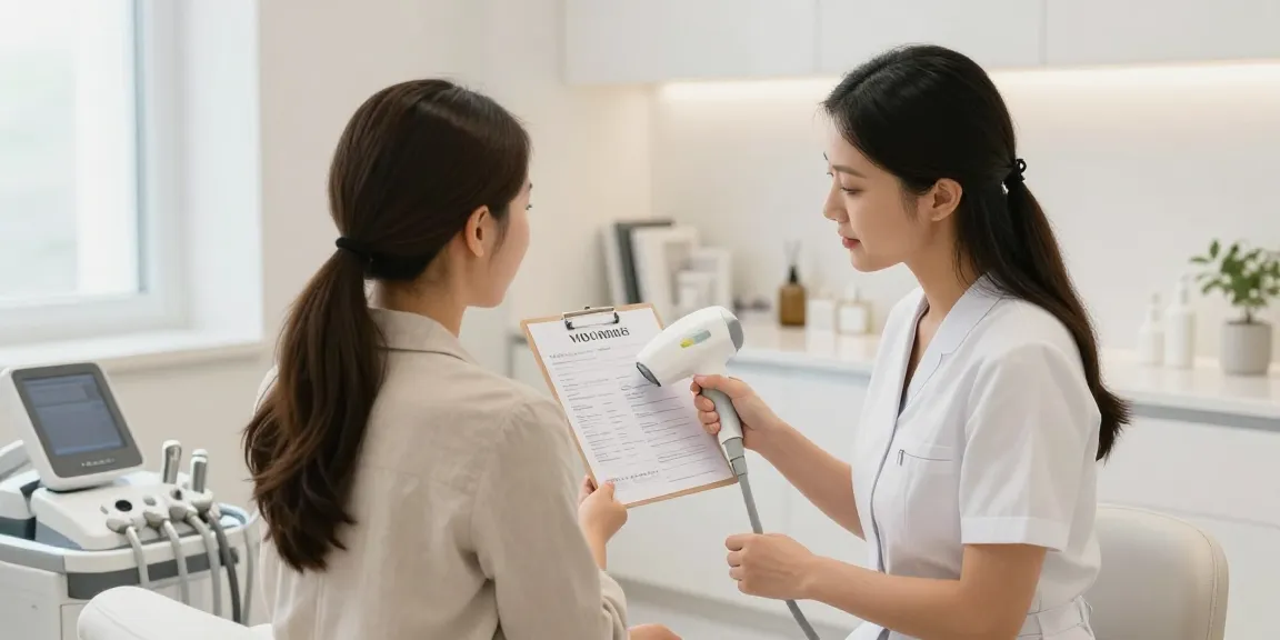 現代的で明るいクリニックで治療オプションについて話し合う女性を示すVIO脱毛+クリニックでの相談