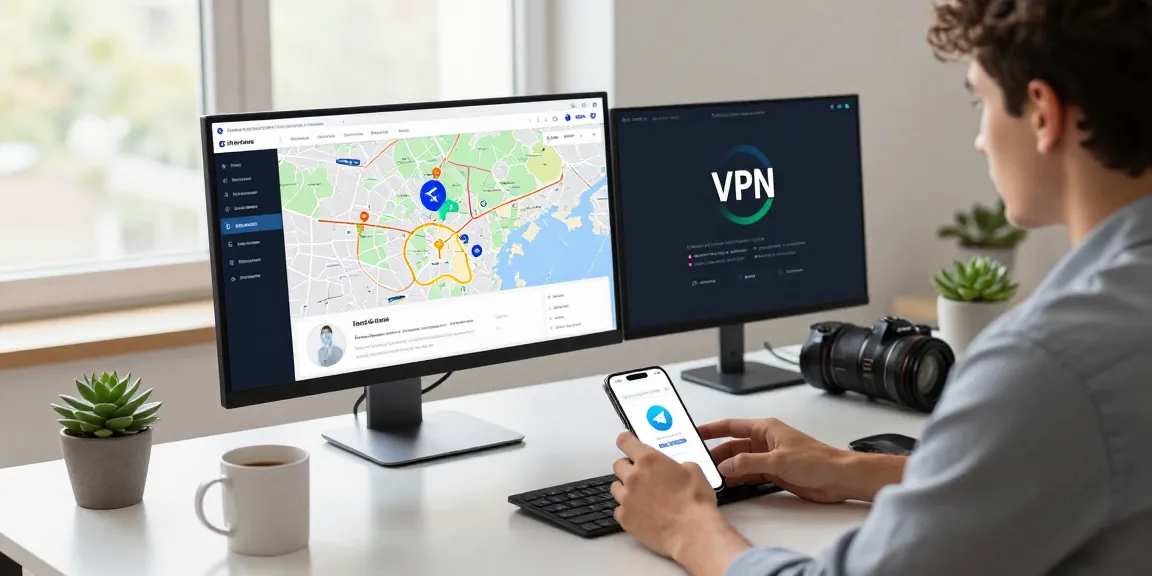 Workspace illustrating telegram blocked china with VPN and Telegram app on screens.