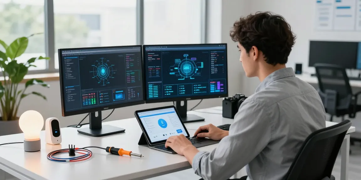 Demonstrating what are the uses of IoT in a modern engineering workspace with IoT devices, analytics, and bright office.