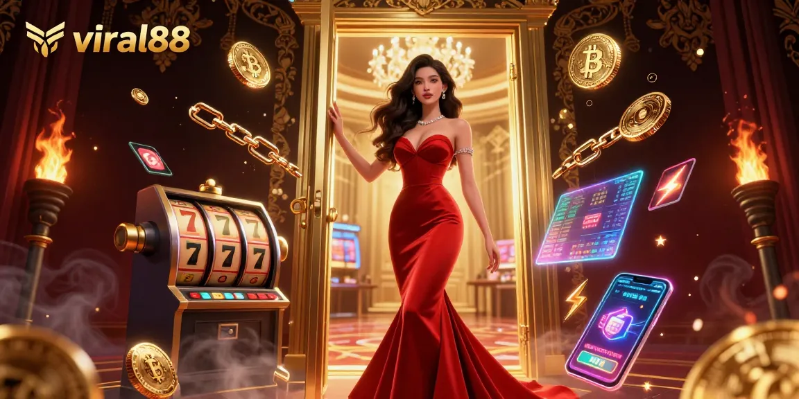 Play catchy slot games with viral88 in a vibrant casino atmosphere featuring rich details.