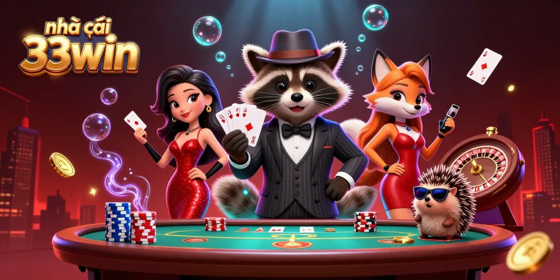 Engage with nhà cái 33win at an exciting casino scene with a suave raccoon, elegant fox, and playful hedgehog.