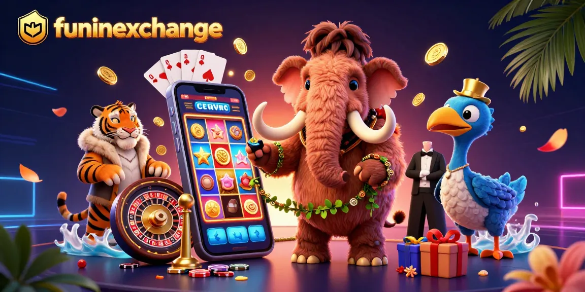 Engage with funinexchange’s thrill through a vibrant scene featuring inviting characters and gaming elements