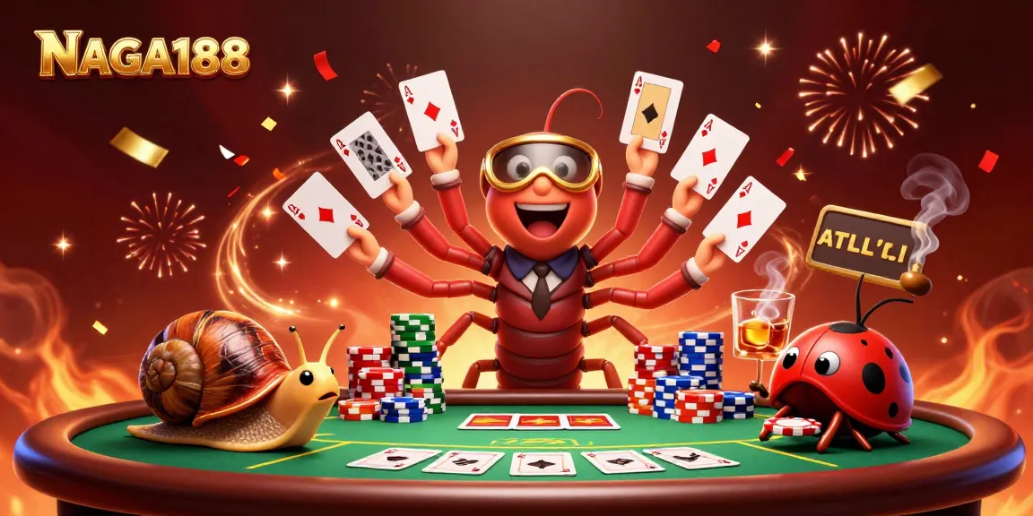 NAGA188 menghadirkan dealer kartun milipede dengan kartu bermain, dikelilingi chip poker dan kejutan meriah.
