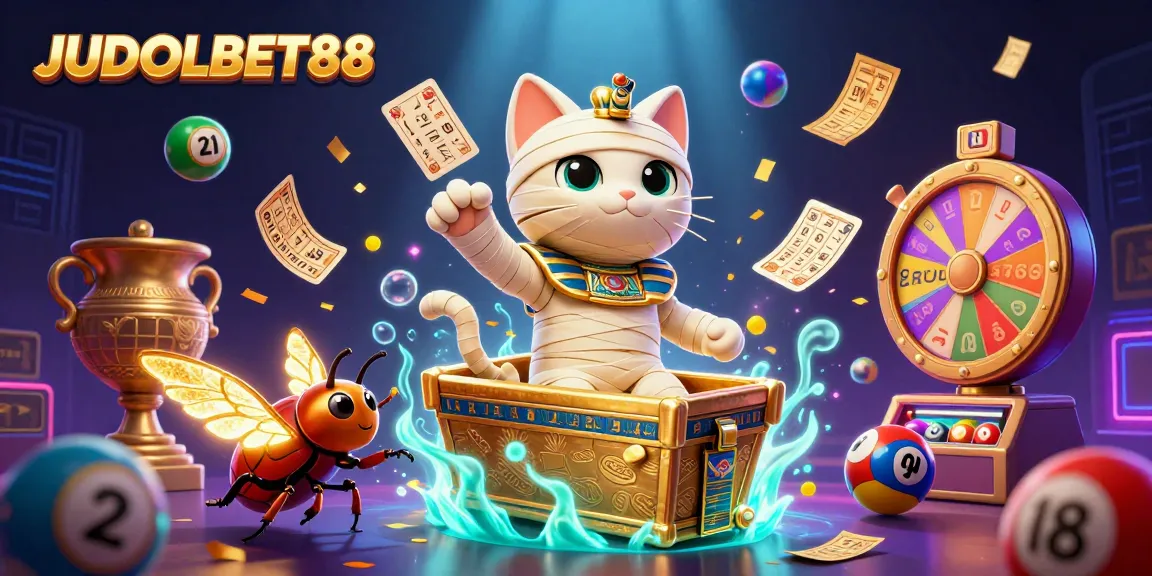Experience exciting wins at JUDOLBET88 with a vibrant casino scene featuring a mummy cat and colorful lottery elements.