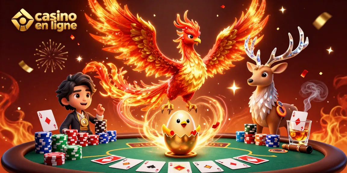 Jouez sur un casino en ligne tout en admirant un phénix flamboyant et des éléments de poker.