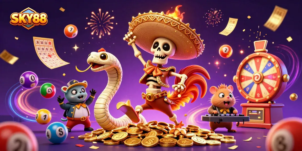 Engage in thrilling games at SKY88 with festive characters and dynamic lottery elements.