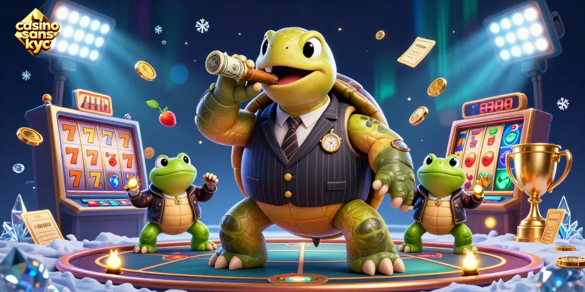 Jouez au casino sans KYC avec des éléments de jeu, un turtle gangster et une ambiance dynamique.