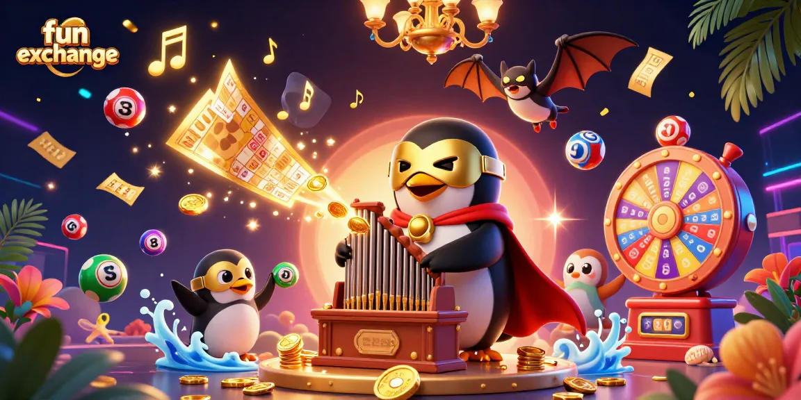 Experience fun exchange action with animated penguins and dazzling lottery elements in a vibrant casino scene.