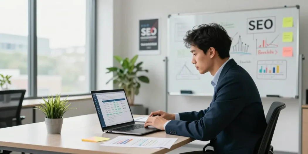Business professional analyzing SEO backlink services in a modern office setting, focusing on website analytics.