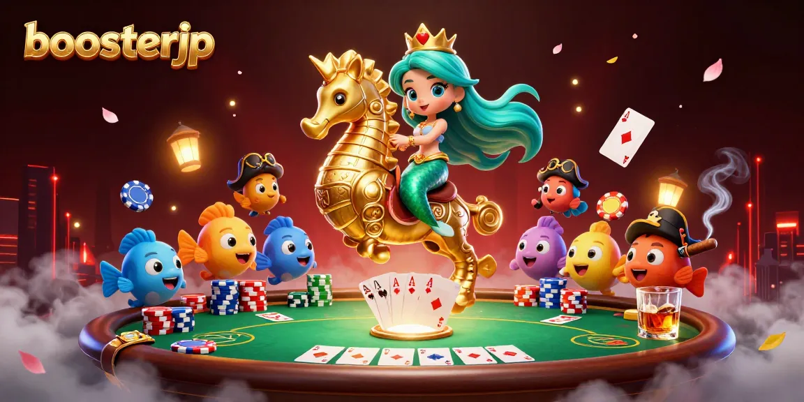 Mainkan slot di boosterjp dengan karakter kartun putri duyung yang menarik dan suasana kasino yang hidup.