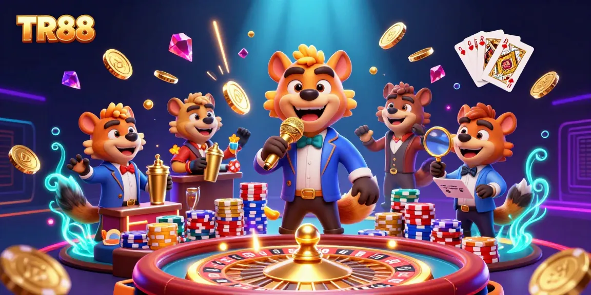 Experience gaming fun at TR88 with lively hyenas at the comedy casino club, surrounded by vibrant casino elements.