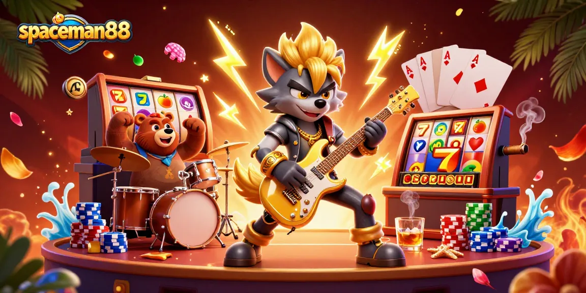 Experience the thrilling action of spaceman88 with vibrant slots, poker chips, and dynamic characters in a casino scene.