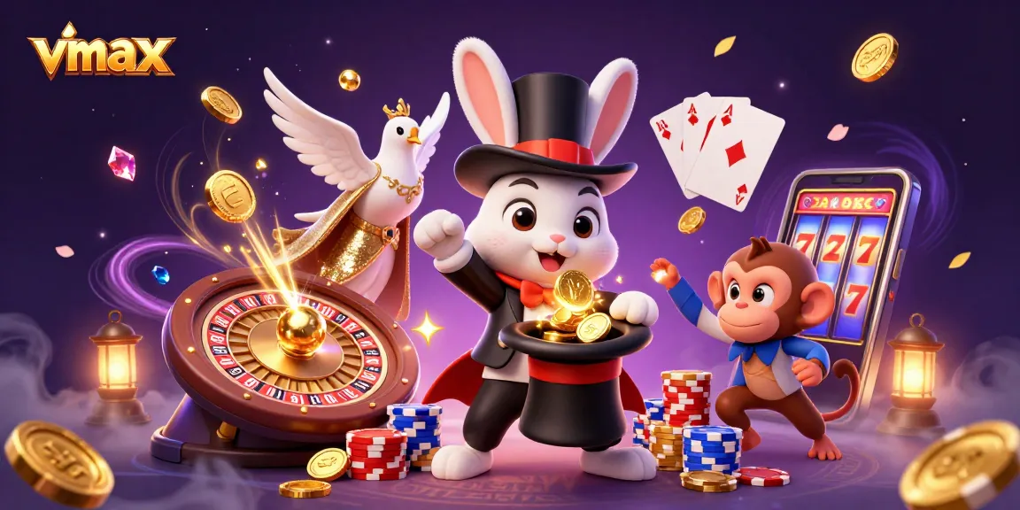 Engage in thrilling gameplay with vmax, witnessing magical moments with a rabbit, dove, and monkey in a vibrant casino.