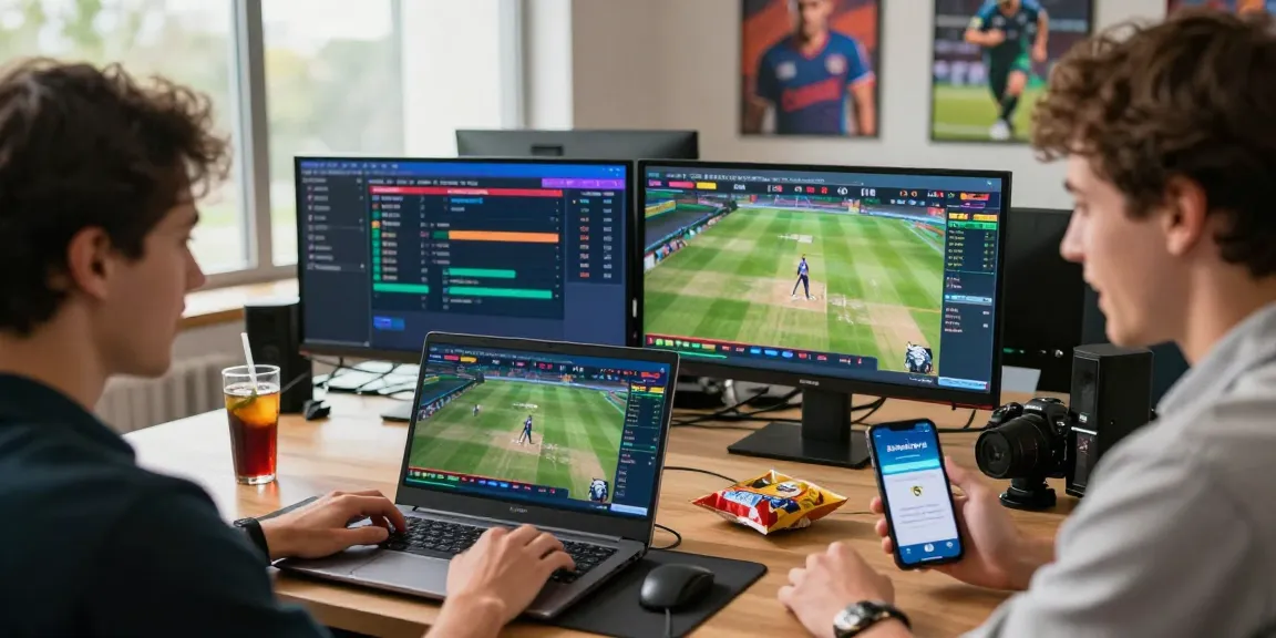 Excited user placing bets with Fairplay24 on multiple screens in a vibrant online betting workspace.