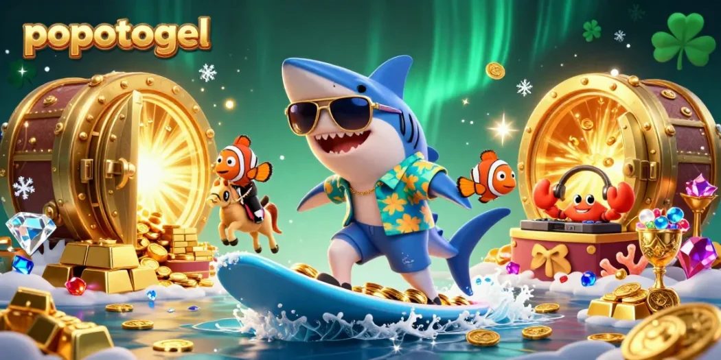 Experience thrilling popotogel action in this vibrant casino-themed 3D scene featuring unique characters and elements.