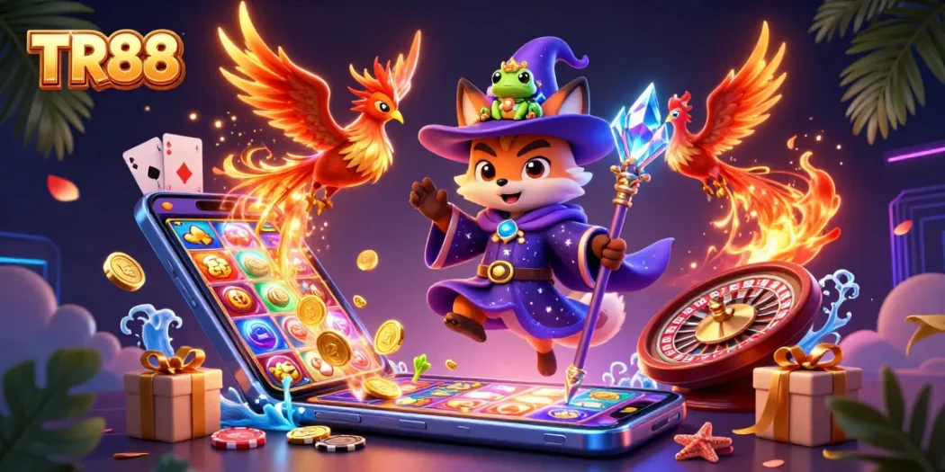Engage in TR88's thrilling slot games with a magical 3D wizard fox and phoenix adventure.