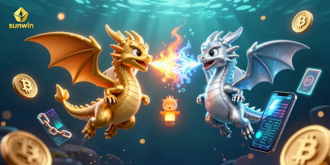 Experience thrilling gameplay at sunwin with twin dragons and vibrant crypto elements in a rich 3D casino scene.