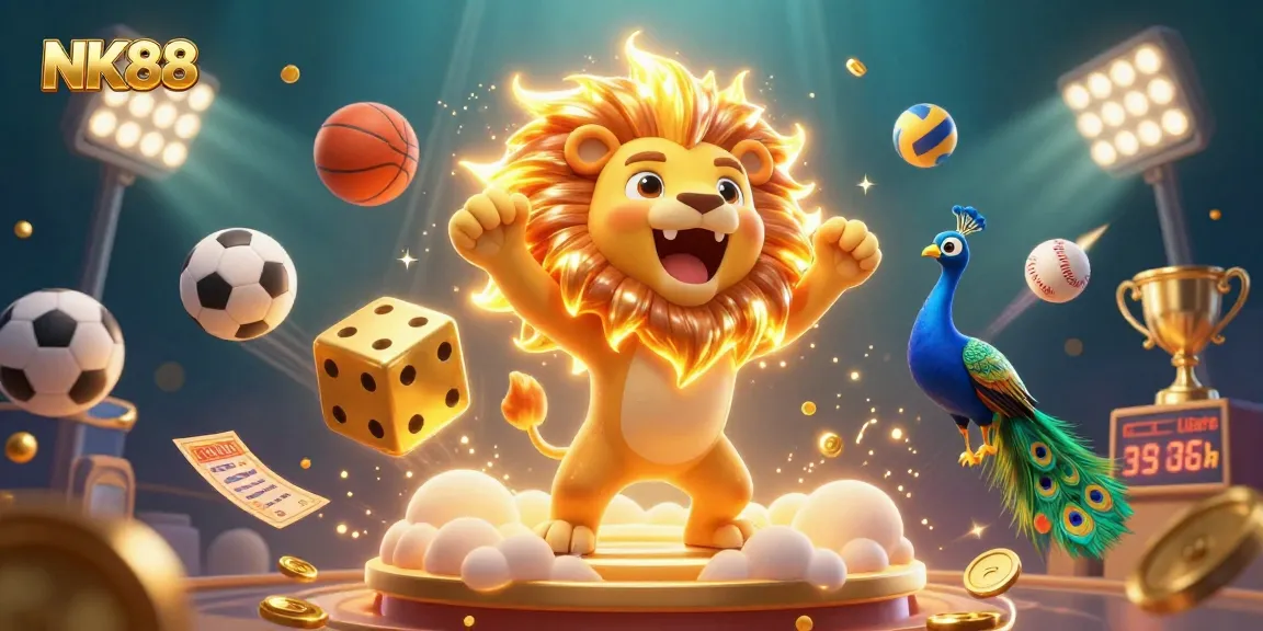 Experience the thrill of NK88 with vibrant casino elements and dynamic characters in a stunning illustration.