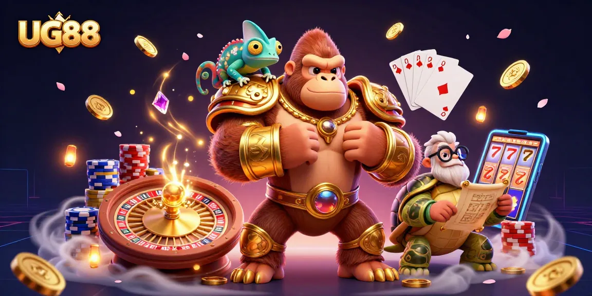 Play at UG88 with a dynamic scene showcasing a powerful gorilla king, colorful poker chips, and golden coins.