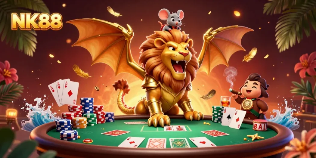 Experience the thrill of NK88 with a triumphant chimera and poker elements in a dynamic casino scene.