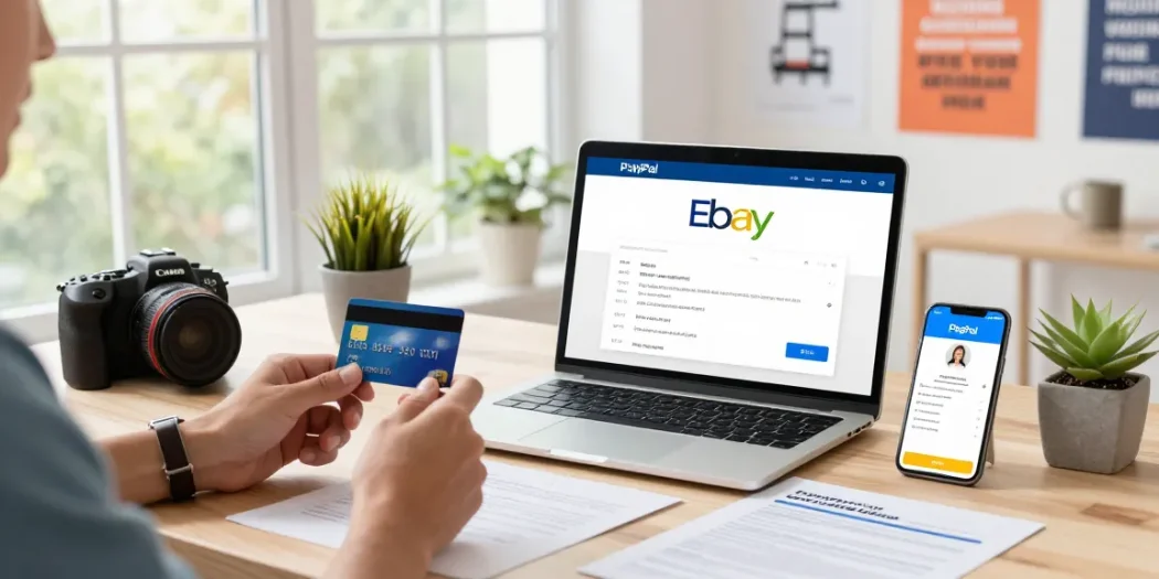 Buy eBay account with confidence in a professional e-commerce setting showcasing a laptop display and payment options.